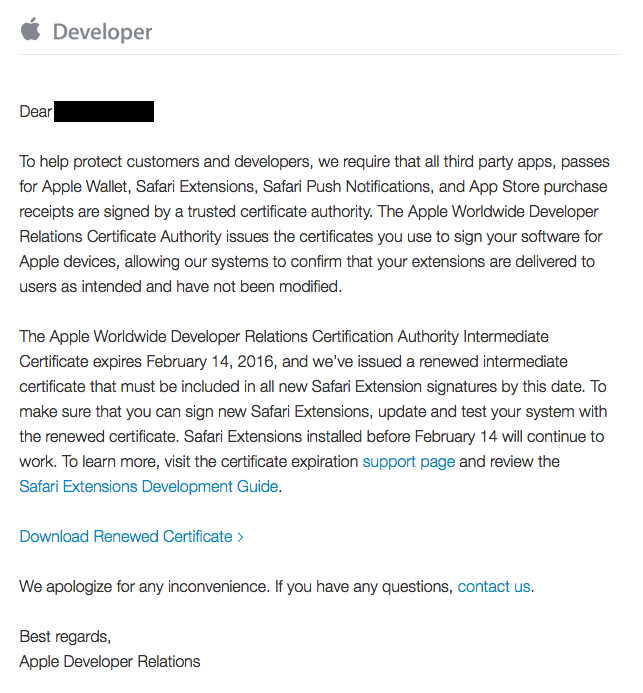 Safari Developer Certificate Renewal Email